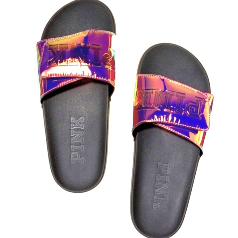 Victoria’s Secret PINK slides crossover pink slides pink metallic holo sandals